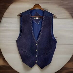 Vintage Blue Suede Leather Vest M Sheriff Silver Buttons Western Rancher Cowboy